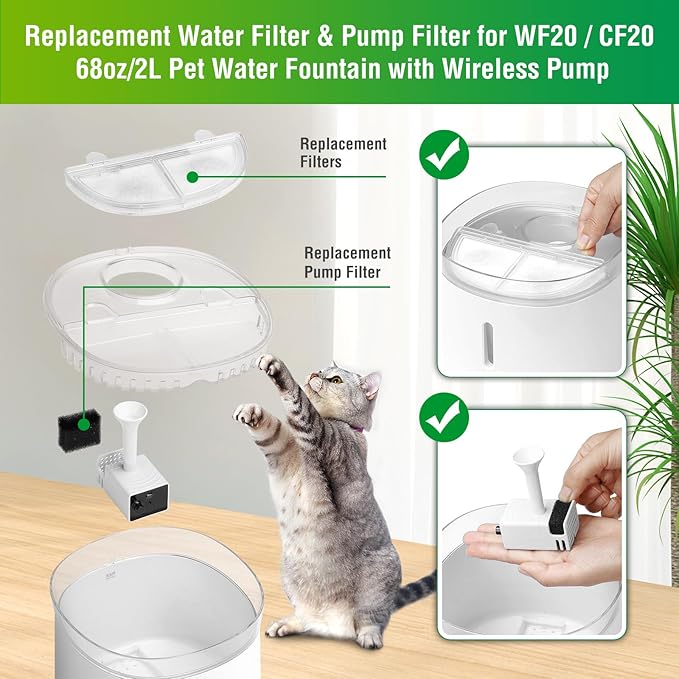 6 Pack Replacement Filters for WF20/CF20 Wireless Pumps Cat Water Fountain, ZEKIRY Cat Water Fountain Filters, Triple Action Pet Fountain Filter Replacement