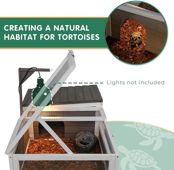 Tortoise Habitat Tank Indoor Outdoor, Wooden Tortoise House with Wheels, 2-Room Reptile Turtle Enclosure Cage for Small Animals, Lamp Holder, Leakproof Tray, Grey