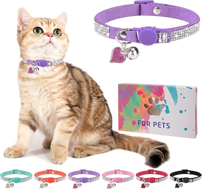 Rhinestone Cat Collar Breakaway with Bell, Diamond Cat Collar with Safety Buckle Quick Release for Girl Boy Small Kitten Pets Puppy,Cute Soft Female Male Cat Collars, Color Purple 8-12"