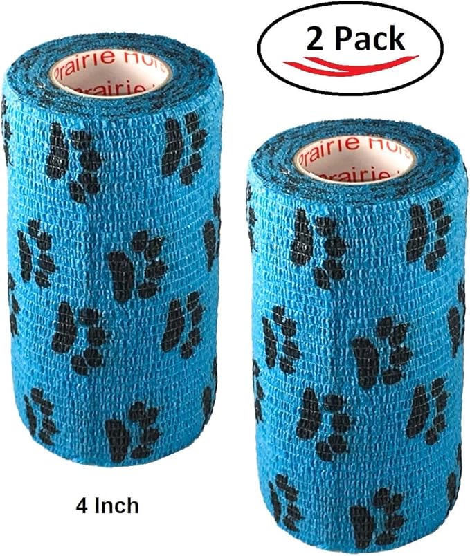 Vet Wrap Wrap Tape (Blue with Paw Prints) (2 Pack) (3 Inch x 15 feet) Self Adhesive Adherent Adhering Cohesive Flex Self Stick Bandage Grip Roll Dog Cat Pet Horse