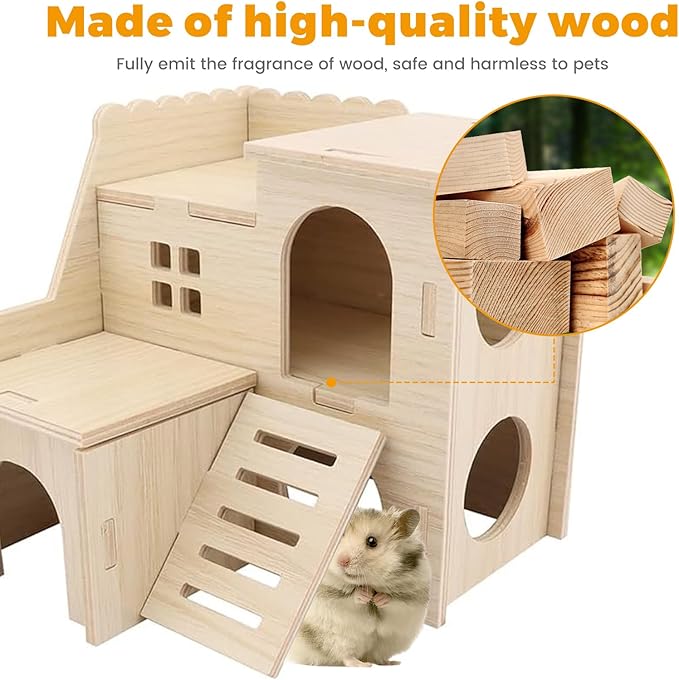 Wooden Dwarf Hamster House, Hamster Tiny House Hideout, Hamster Maze House, Large Balcony Lookout Holes, Easy to Assemble, Detachable Parts, Secure Hideaway, C