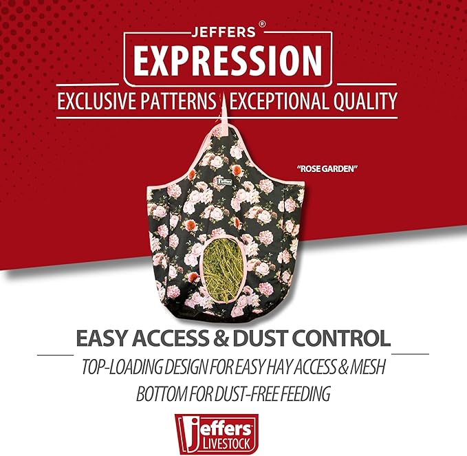 Jeffers Expression Top Loading Hay Bag for Horses & Livestock – Durable 600 Denier, Water Resistant Hay Feeder with Mesh Bottom for Stall, Trailer & Travel – Horse Feeding Supplies - Rose Garden
