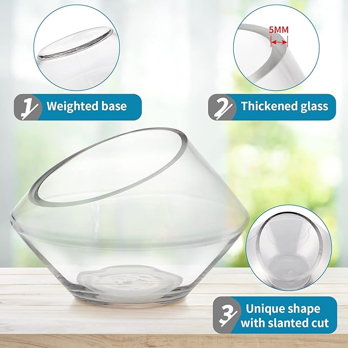 MDLUU Glass Bowl, 7.8" W x 5.5" H Geometric Terrarium, Candy Dish, for Succulent, Potpourri, Clear