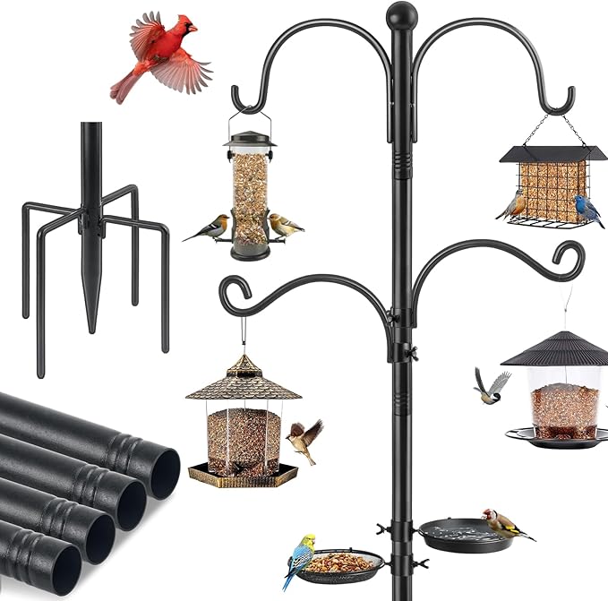Bird Feeder Poles, Bird Feeding Station with Water Bowl and Birds Seed Tray, 88 Inch Shepherds Hooks for Outdoor Heavy Duty, 1-Inch Dia Humming Birds Feeder Stand Hanger Post with 4 Hooks