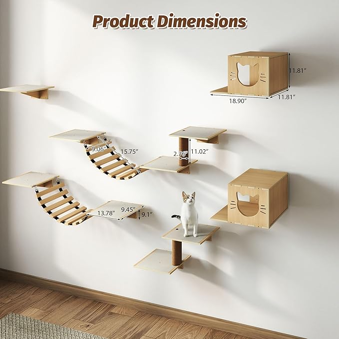 Cat Wall Shelves, Wood 8-in-1 Cat Wall Furniture Set, Large Cat Shelves for Wall with Scratching Post, Cat Climbing Wall Activity Center for Climb, Play, Rest, and Scratch, Natural Wood