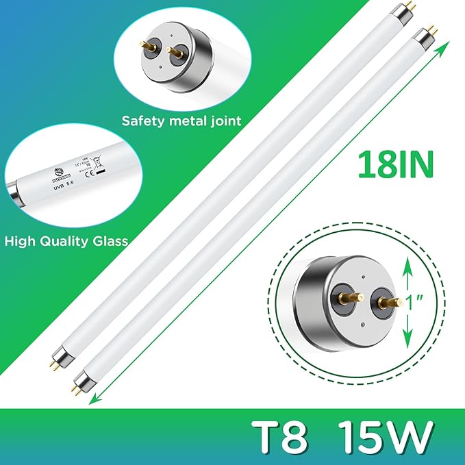 T8 UVB Reptile Light 15W 5.0-2 Pack,UVA UVB Light Bulb for Reptiles,Reptile UVB Lamp Tube for Bearded Dragon