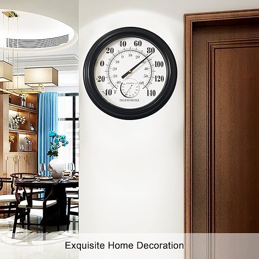 Indoor Outdoor Thermometer Large 12 Inch Wall Thermometer-Hygrometer Waterproof Does not Require Battery (Black)