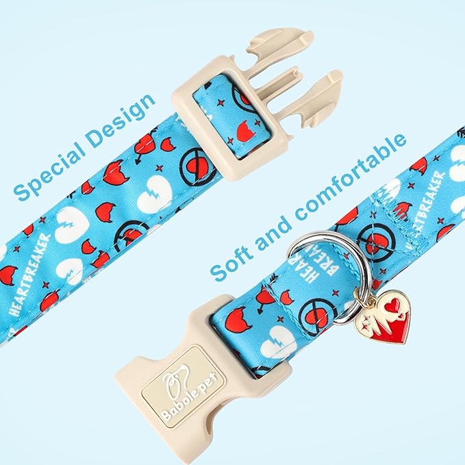 Valentines Dog Collar, Blue Heart Dog Collar, Cute Loving Heart Printed Collar with Quick Release Plastic Buckle for Boys&Girls Dogs, Large