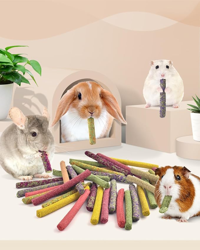 Bissap 108PCS Rabbit Chew Sticks, Mix Natural Timothy Hay Oat Carrot Beet Rose Dahlberg Daisy Myosotis Pumpkin Strawberry Bunny Chews Toy Treat for Chinchilla Guinea Pig Hamster Small Pet Molar Snack