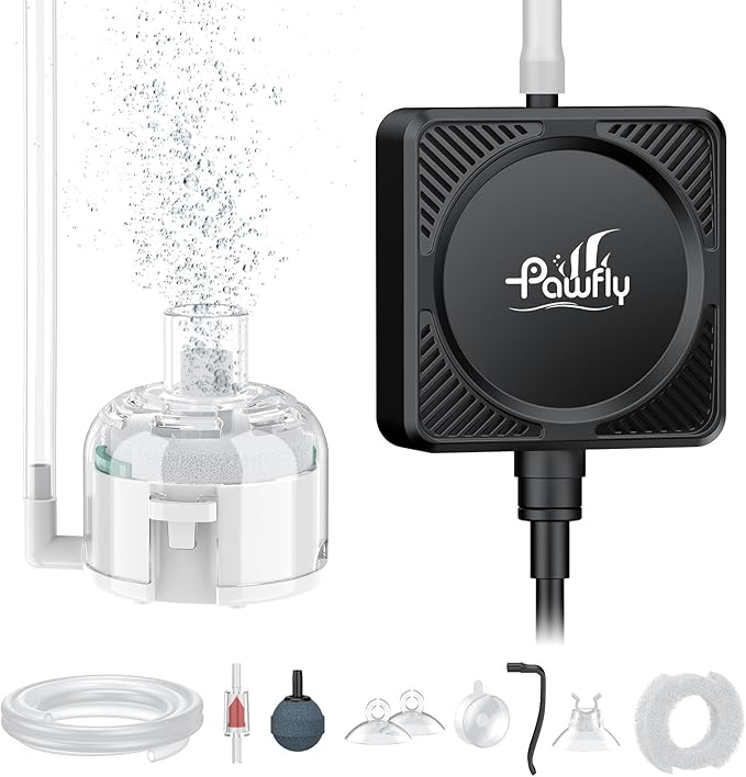 Pawfly Mini Aquarium Air Pump, Ultra Quiet Oxygen Aerator Kit for 1-15 Gallon Fish Tanks with Air Tubing, Air Stone, Check Valve & Suction Cups