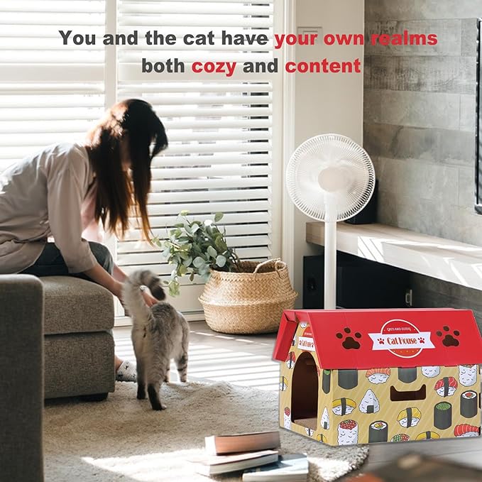 Cardboard Cat House with Scratcher – Red Sushi Carton Cat Box - 18''L x 15.5''W x 14''H for Cats up to 20 Lbs, Sturdy Kitty Playhouse & Hideaway - Indoor Feline Scratch Toy
