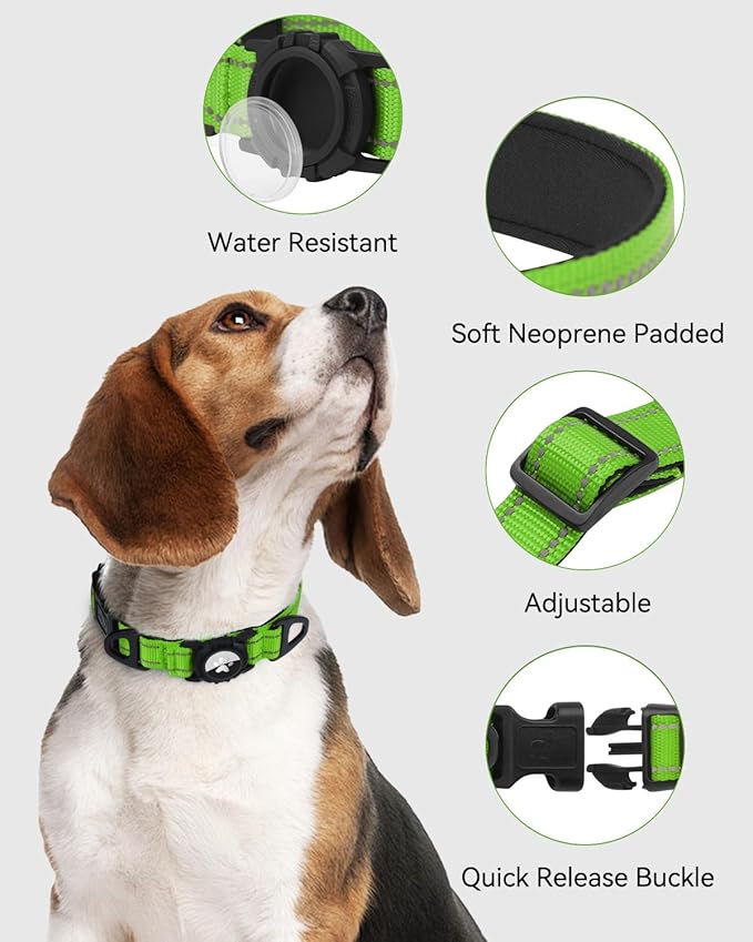 Joytale Airtag Dog Collar, Reflective Pet Collar with Waterproof AirTag Holder, Dual D-Rings, Soft Padded Adjustable for Small Dogs, Green, S