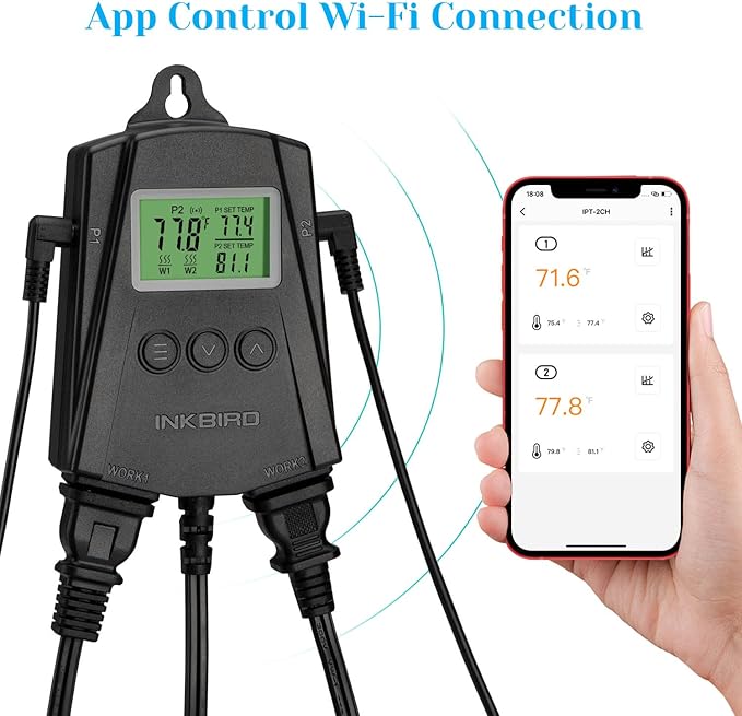 Inkbird WiFi Heat Mat Reptile Thermostat Controller Temperature Controller with 2 Probes and 2 Outlets, IPT-2CH Reptiles Heat Mat Thermostat (Max 250W per Outlet)