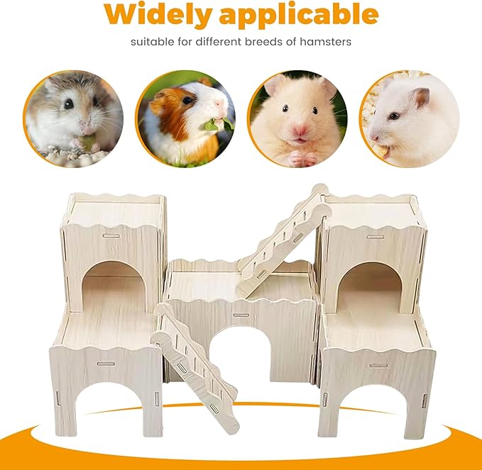 Wooden Dwarf Hamster House, Hamster Tiny House Hideout, Hamster Maze House, Large Balcony Lookout Holes, Easy to Assemble, Detachable Parts, Secure Hideaway, F