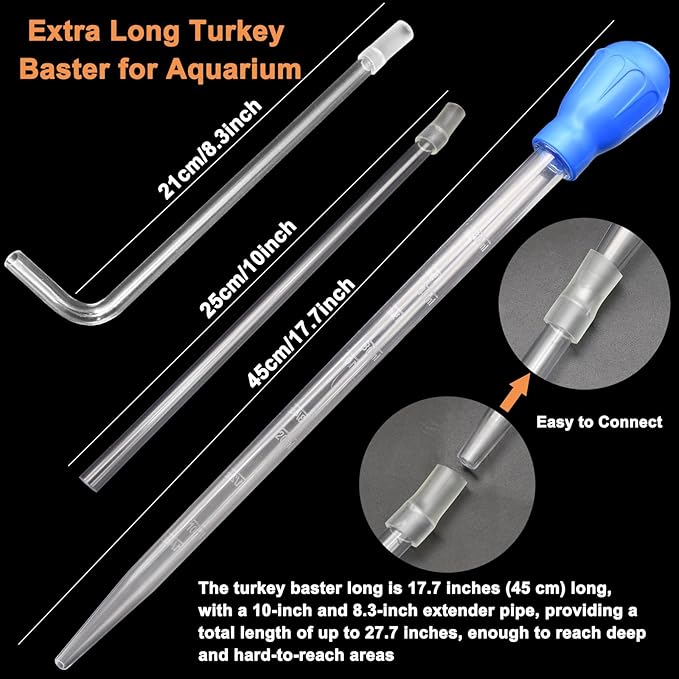 Extra Long Turkey Baster for Aquarium, 27.7 Inch Aquarium Coral Feeder, 50ml Aquarium Water Changer Siphon with 2 Pieces Extension Tubes for Fish Tank Cleaning