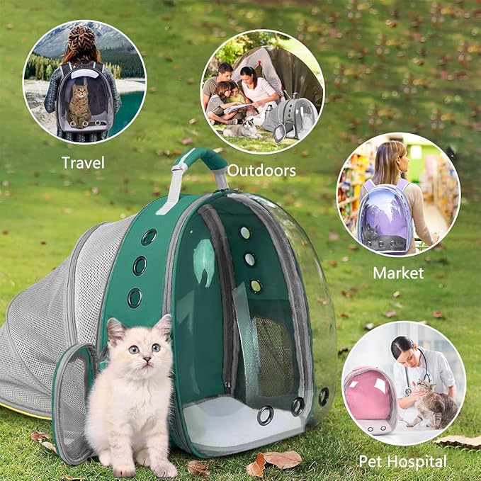 Cat Backpack Carrier Back Expandable Bubble Pet Carrier Backpack for Large Cat, Kitten and Dog, Designed for Hiking, Travelling and Outdoor Use (Back Expandable-Green)