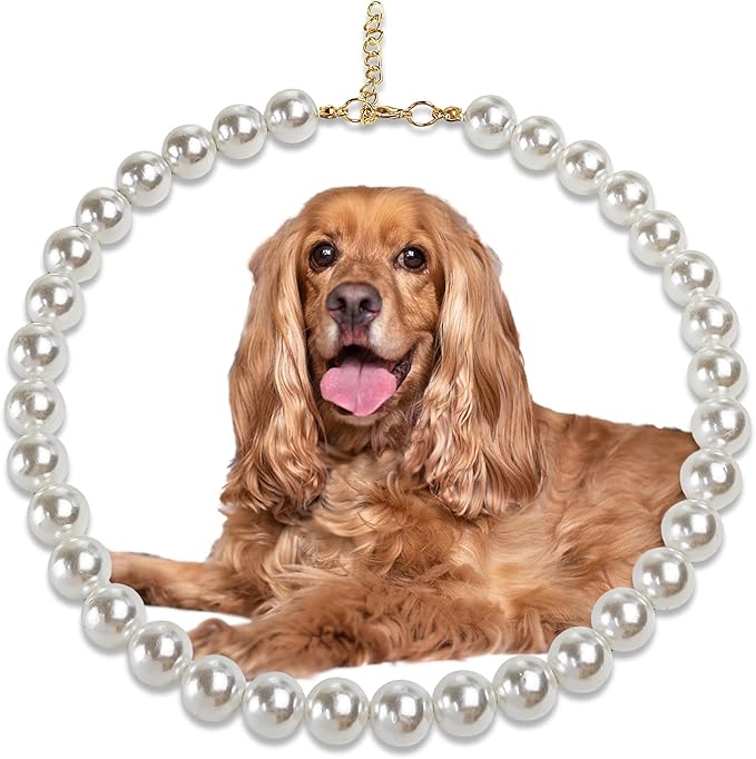 Chunky Pearl Dog Collar Large Breed (0.55 Inch), Adjustable Dog Necklace, Beaded Dog Collar Imitation White Pearls, Elegant Dog Jewelry Suit for Medium Large Dog 18.9"-21.4" Inner Circumference