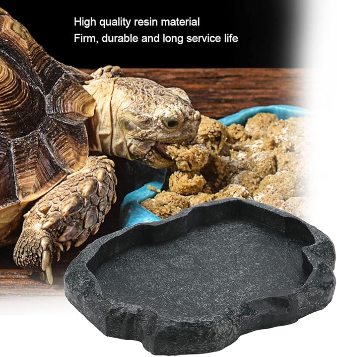 Ejoyous Reptile Rock Food Dish Water Bowl, Resin Terrarium Feeder Feeding Bowl for Tortoise Lizard Amphibian Hermit Turtles (M)