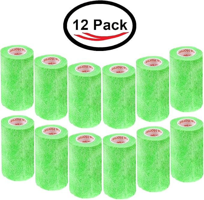 3 Inch Vet Wrap Tape Bulk (Neon Green) (Pack of 12) Self Adhesive Adherent Adhering Flex Bandage Grip Roll for Dog Cat Pet Horse