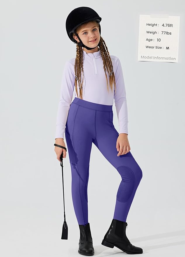 Willit Girls Horse Riding Pants Tights Kids Equestrian Breeches Knee-Patch Youth Schooling Tights Zipper Pockets