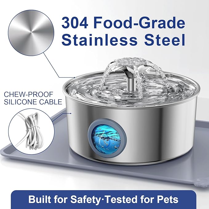 Stainless Steel Cat Water Fountain with Silicone Mat & 2 Filters, 108oz/3.2L Automatic Pet Water Dispenser for Cats Dogs, Quiet Indoor Metal Drinking Bowl, Dog Fountains, Waterer