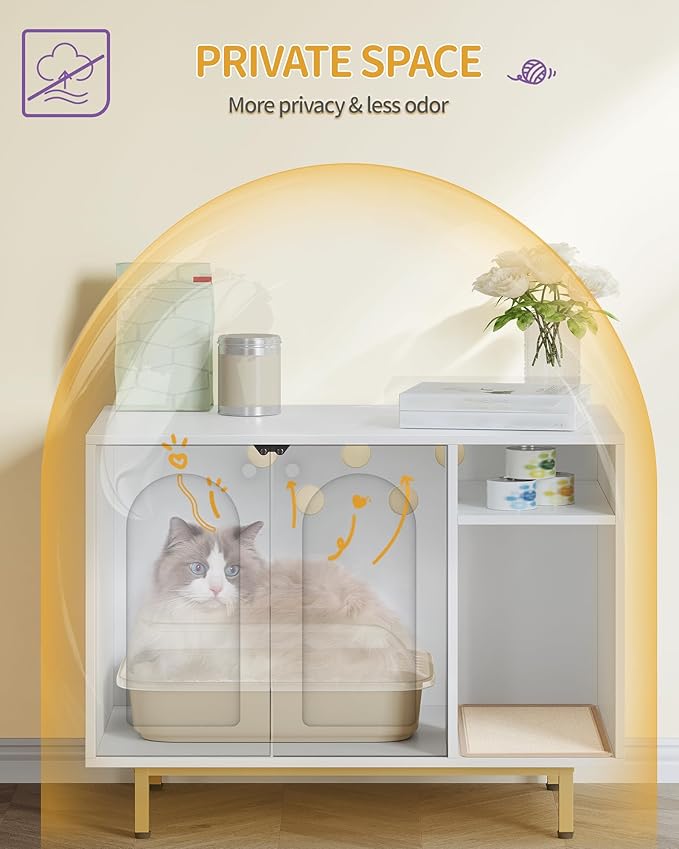 Cat Litter Box Enclosure Enclosed, Hidden Litter Box Cabinet Furniture with Storage, Wooden Indoor Cat House Large, Modern End Table for Living Room Entryway, White and Gold 01503GCLB