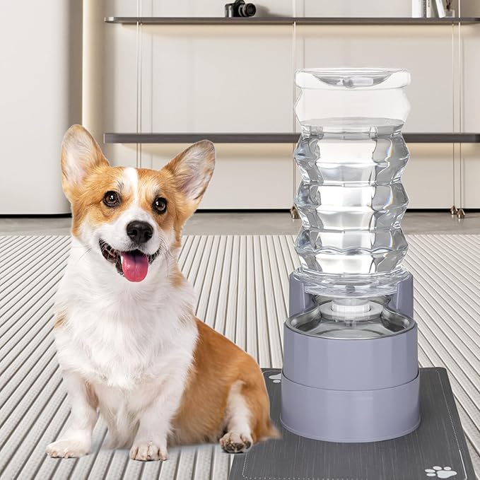 RIZZARI Large Water Dispenser for Dogs: 8L Gravity Gray Automatic Stainless Steel Waterer - 100% BPA Free - Raised Pet Feeder for Senior Dogs with Joint Pain in Bedroom Garden