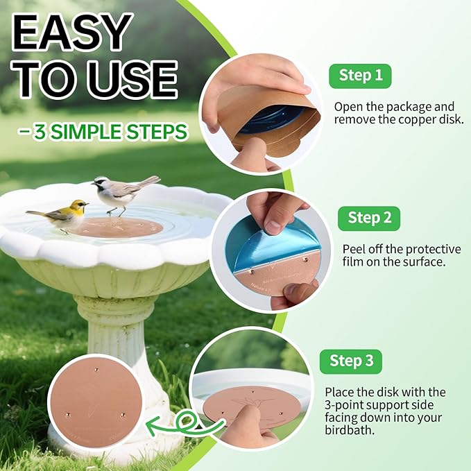 2 Pack Bird Bath Copper Discs, 99.9% Pure Copper Cleaner with Triple-Point Support, Reinforced Design for Safe Clean Water, Universal Fit for Outdoor Birdbaths and Bowls, All-Season Use