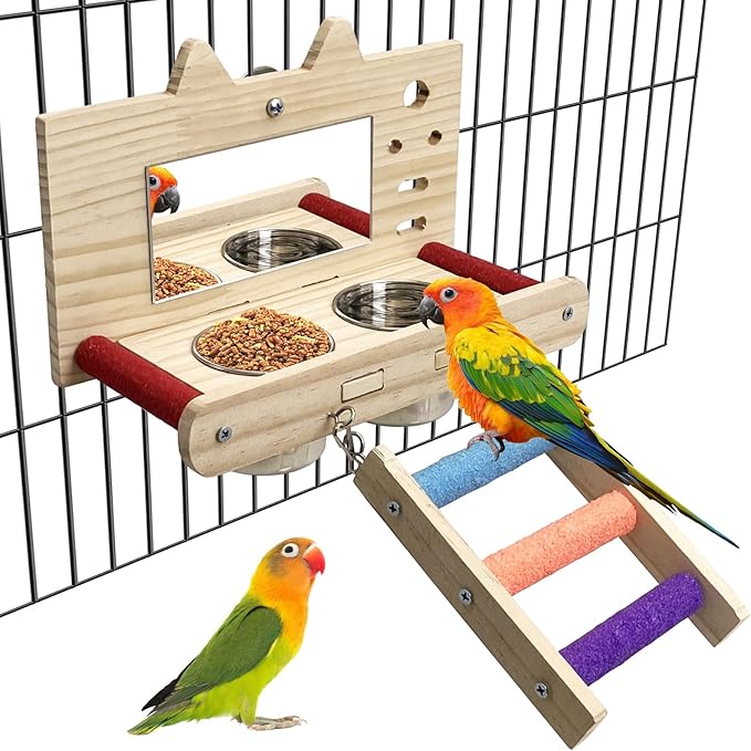 Tfwadmx Bird Food Stainless Steel Cups Wooden Perch Stand with Ladder Hanging Feeder Bowls Feeding and Watering Supplies for Parakeets Conures Cockatiels Budgie Parrot