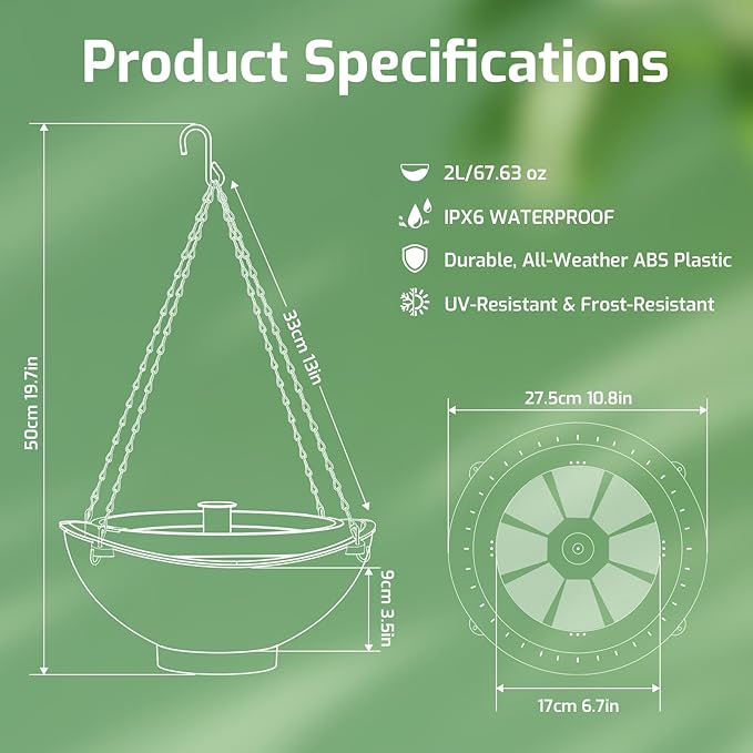 Solar Bird Bath with Fountain and Battery Backup, 3-in-1 Hanging or Freestanding Birdbath, Low-Water Protection & 3 Nozzles for Garden Patio Decor (Forest Green)