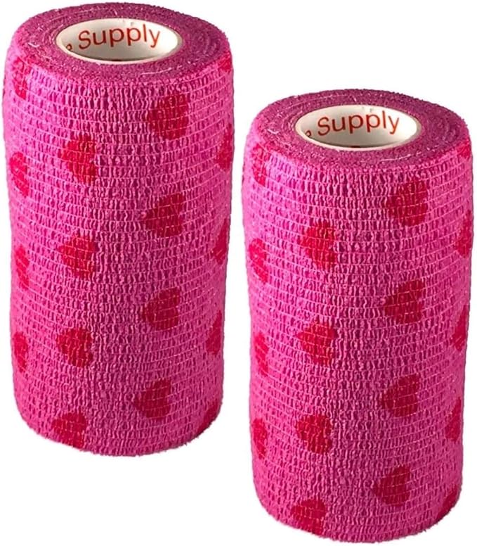 Vet Wrap Wrap Tape (Pink with Hearts) (2 Pack) (3 Inch x 15 feet) Self Adhesive Adherent Adhering Cohesive Flex Self Stick Bandage Grip Roll Dog Cat Pet Horse