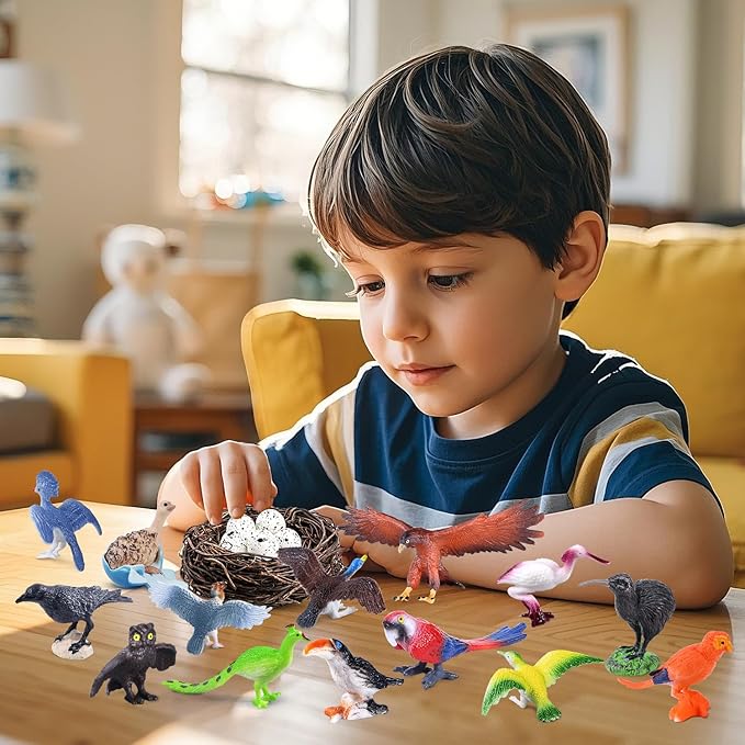 SIENON 23Pcs Birds Toys Playset, Assorted Wildlife Bird Figures with Nest, Raven, Kiwi, Ostrich, Macaw, Golden Eagle for Kids Educational Birthday Cake Décor Garden Accessories School Project