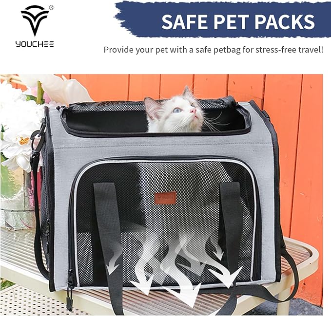 Cat Carrier Dog Carrier, Pet Travel Bag for Cats & Small Dogs up to 15 lbs, Washable Soft Sided Collapsible Airline Approved Puppy Carrier, 17.5"x12"x12. (Light Gray)