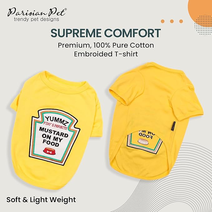 Parisian Pet Dog Shirt - Embroidered “Mustard on My Food“ - 100% Cotton and Polyester Dog Clothes - Sleeved, Lightweight Costume for Dogs - Yellow Dog Shirts for Large Dogs - Pet Costumes - 3XL