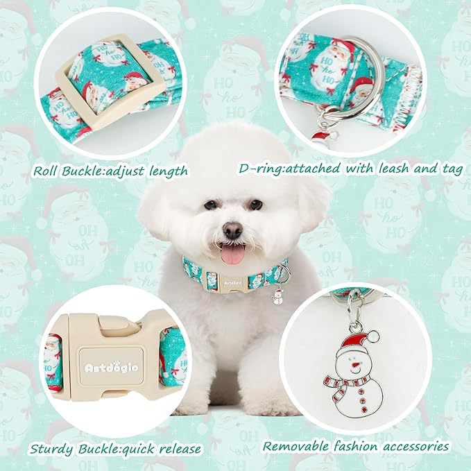 Christmas Dog Collar，Soft Cotton Dog Collars for Small Dogs, Dog Christmas Collar with Santa for Small Medium Large Dogs, Adjustable Green Collars Perfect for Girl or Boy Dog Collars-S