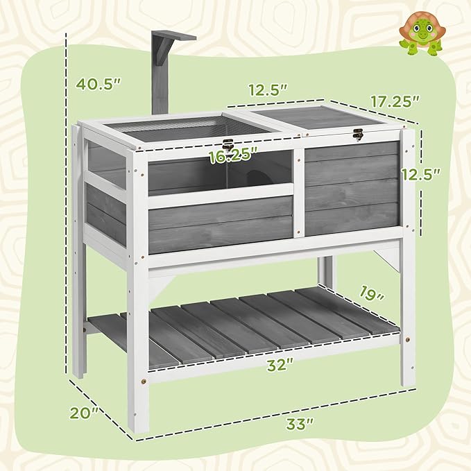 PawHut Tortoise Habitat with Shelf Storage, Tortoise Enclosure with Weather Protection, Reptile Enclosure with Tray, Light Support Frame, Light Gray