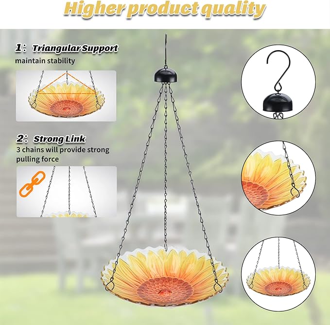 MUMTOP Hanging Bird Bath Outdoor, Sunflower Glass BirdBaths & Birdfeeder with Water Ripple Rim 11 Inch for Garden Yard Patio Decor