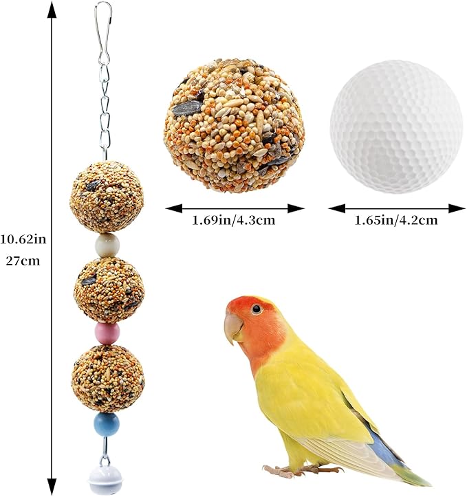Bird Toys, 2 Pack Chew Toy with 3 Natural Cereal Foraging Balls for Cage, Parakeet Toys, Chew Toy Ball for Budgies, Cockatiels, Lovebirds, Green Cheeks, Small to Medium Birds