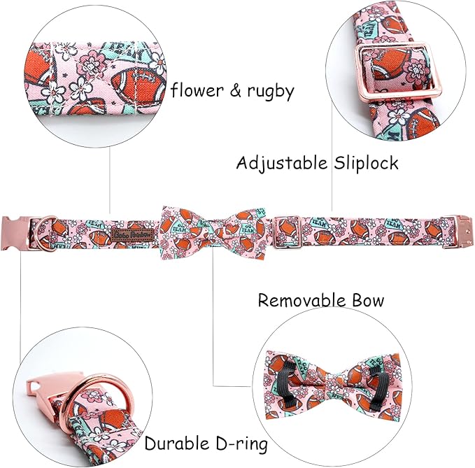 Dog Collar - Rugby with Flower Pet Collar Bows for Dogs Bowtie Pet Collar Adjustable Dog Collar Girl Boy Puppy Collar for X-Large Dogs