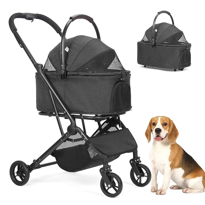 Wdyvko 3 in 1 Dog Stroller, Upgraded Frame, Up to 44lbs Pet Stroller with Dog Poop Bags & Dispenser, Zipperless Entry, Storage Basket & Pouch for Small Dogs Cats (Black)