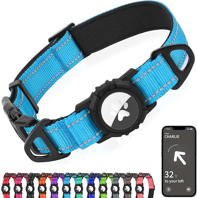Joytale Airtag Dog Collar, Reflective Pet Collar with Waterproof AirTag Holder, Dual D-Rings, Soft Padded Adjustable for Extra Small and Puppy Dogs, SkyBlue, XS
