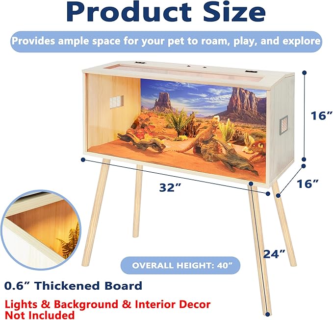 Prolee 36 Gallon Reptile Tank, Tempered Glass Bearded Dragon Tank with Wooden Roof and Lockable Doors, Large Lizard Habitat for Snakes, Iguanas, Chameleons (Oak)