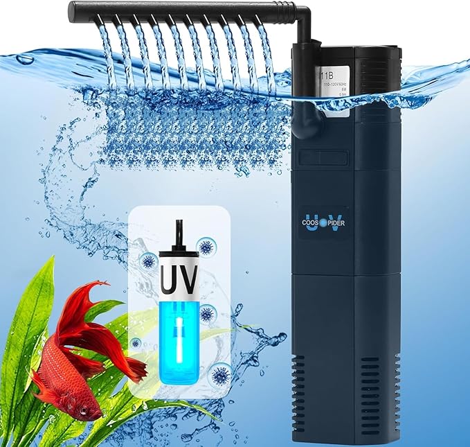 TARARIUM Small Fish Tank Filter for 10-20 Gallon Tank, U-V Aquarium Rainfall Submersible Green Clean Machine 120GPH Internal Betta Turtle Freshwater Saltwater Crystal Clear Killing