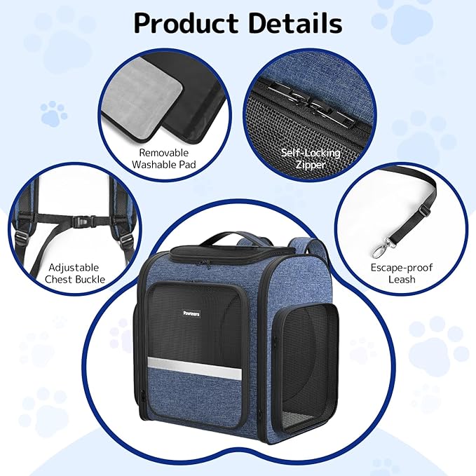 Pawtners Cat Backpack Carrier with Play Tunnel, Expandable Dog Backpack with Breathable Mesh, Pet Carrier Backpack for Small Cats Dogs Up to 18 Lbs, Dog Carrier for Travel Hiking Camping Outdoor Blue