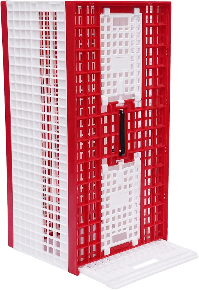 Pigeon Carrier Cage, 23.6"X12.2"X10.2" Plastic Training Basket with 4 Doors (2 Side + 2 Top), Red Foldable Pigeon Cage with Handle,Portable Bird Transport Box for Racing & Release