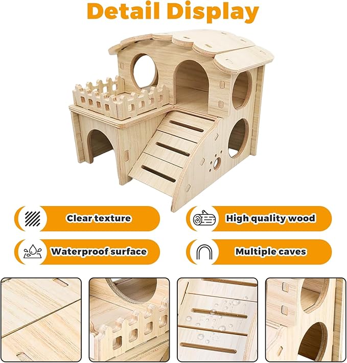 Wooden Dwarf Hamster House, Hamster Tiny House Hideout, Hamster Maze House, Large Balcony Lookout Holes, Easy to Assemble, Detachable Parts, Secure Hideaway, D