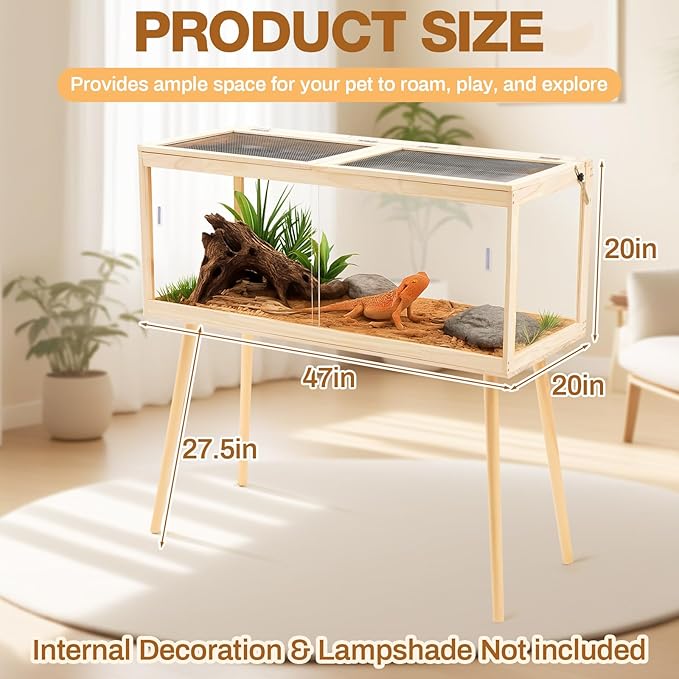 47" L×20" W×20" H Bearded Dragon Tank (up to 79 Gallons) with Legs – Reptile Enclosure, Lizard Terrarium with Sliding Door & Metal Mesh Top, Suitable for Reptiles, Snakes, Hamsters