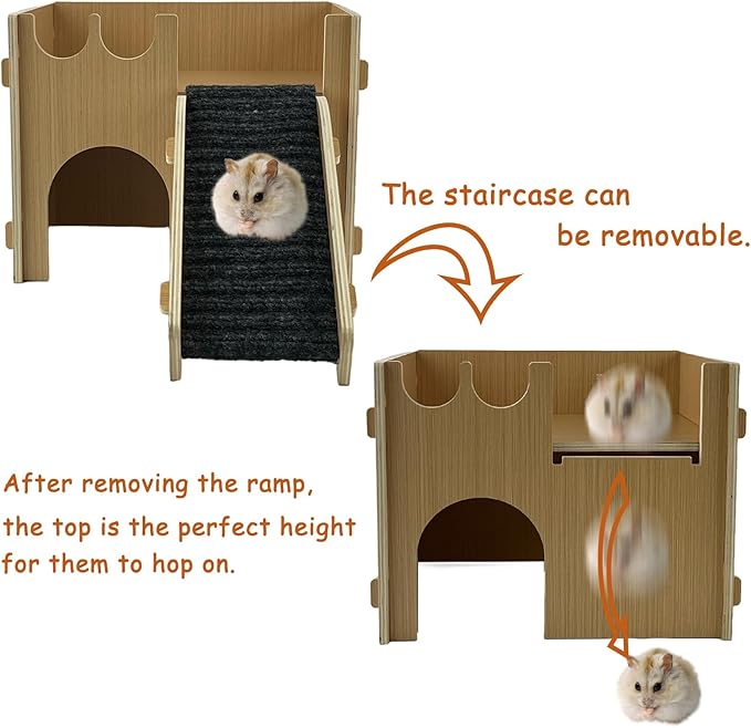 Guinea Pig Castle Hideout, Wooden Hamster House with Stairs & Mat,Small Animal House Hut Habitats 2 Doors for Hamsters Chinchillas Bunny Hiding Playing Sleeping
