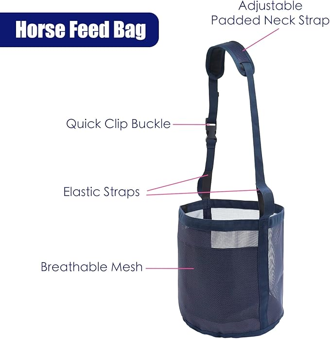 Horse Feed Bag for Grain - Heavy Duty Mesh Horse Feeder with Adjustable Strap,Comfort Neck Pad,Nose Pad Horse Muzzle Feed Bag(Medium,2PCSblue)