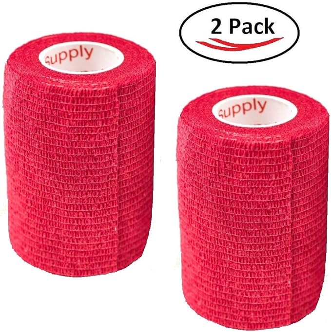 Vet Wrap Tape (Red) (2 Pack) (3 Inch x 15 feet) Self Adhesive Adherent Adhering Cohesive Flex Self Stick Bandage Grip Roll Dog Cat Pet Horse